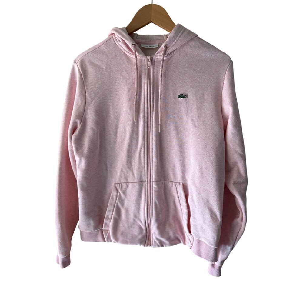 Lacoste Sport Womens Zipper Up Hoodie Size 42 Pink Drawstring Pockets Sporty